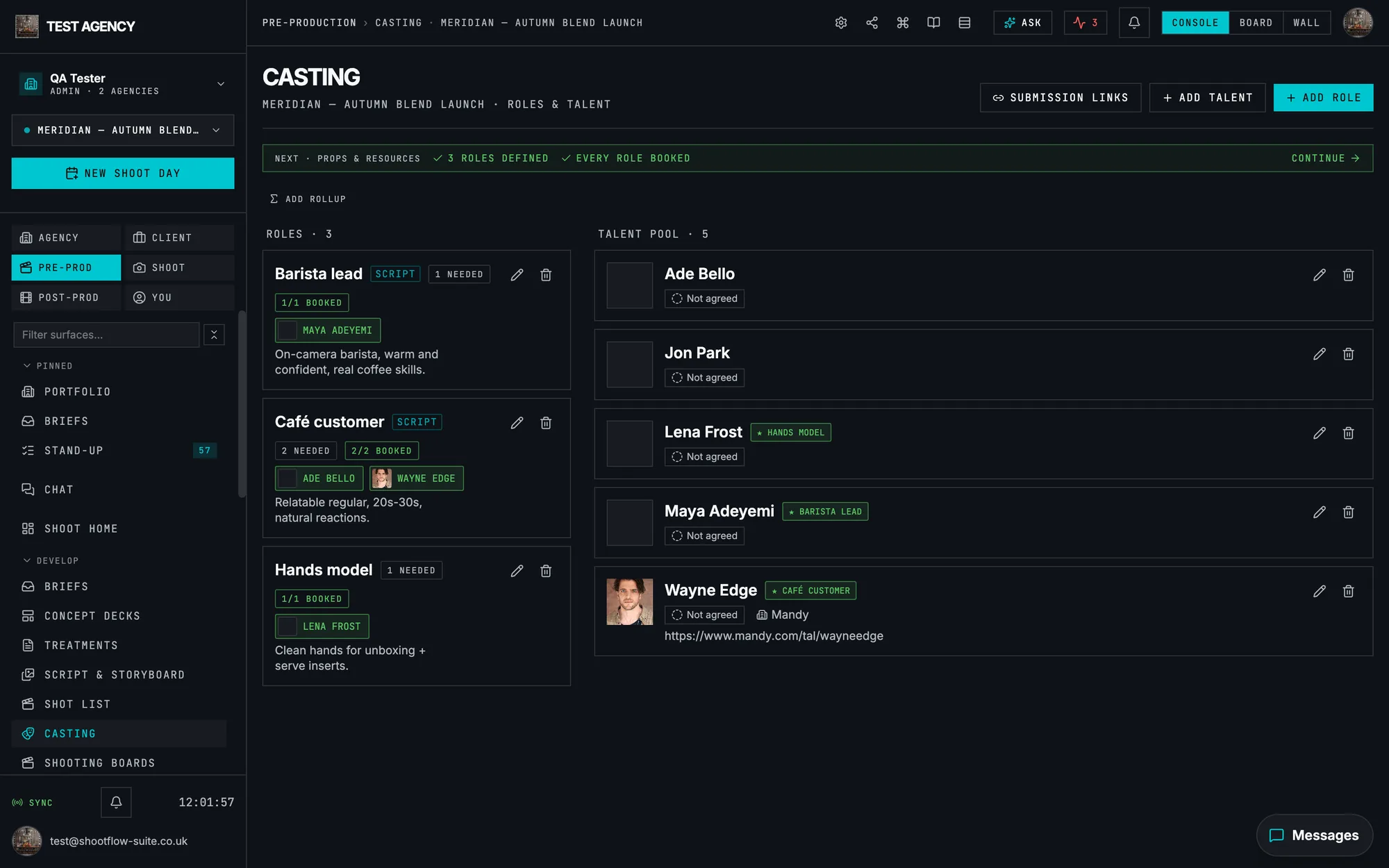The casting surface with roles and booked talent